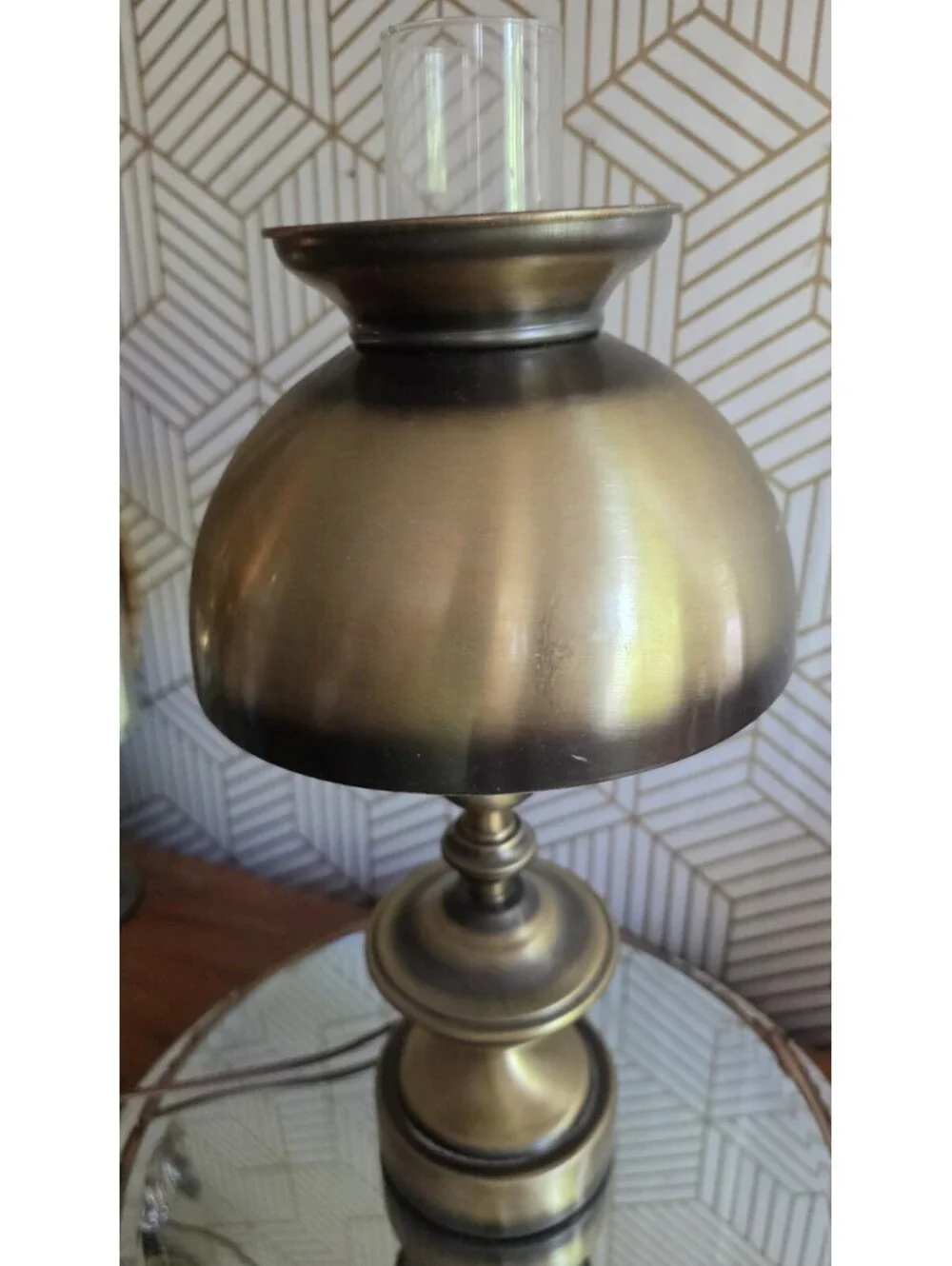 Vintage 3Pc Antiqued Brass Hurricane Parlor Table Lamp Glass Chimney- 3 Way GWTW